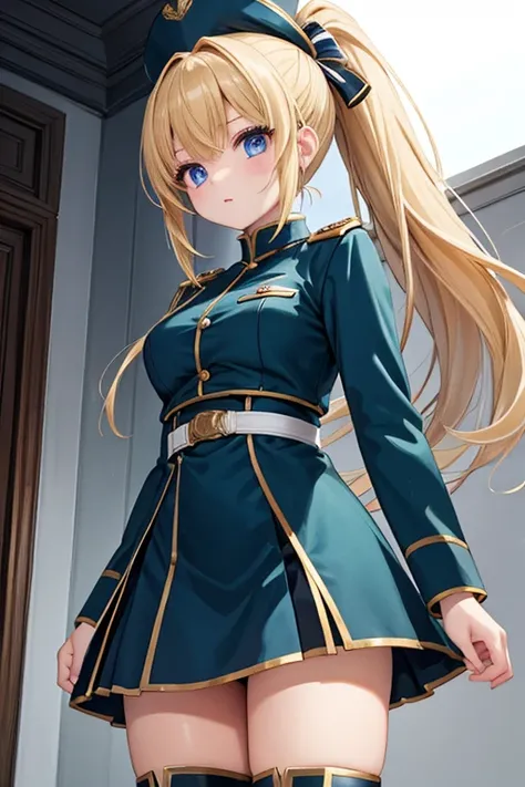 ( top quality )、(masterpiece)、(Super high resolution)、 girl 、 is standing、 Angle from Below 、Blonde、( ponytail)、 military uniform、 、 boots