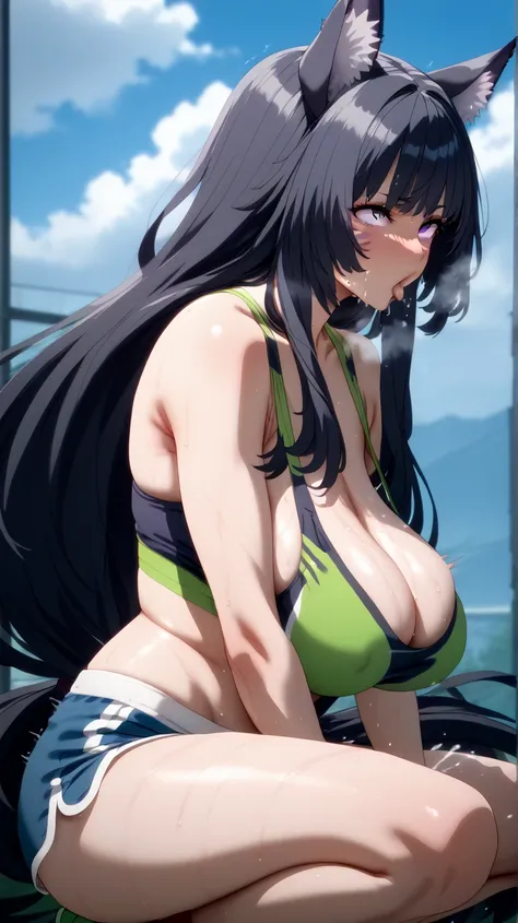 masterpiece、 high res、 top quality 、delta、 long hair、 black hair、 animal ears 、 purple eyes、Cat ears、 animal ears の毛、 face mark 、 Ohogao 、 detailed lips 、 huge ass 、 thick thighs、 huge breasts、 saggy breasts during pregnancy、 sports bra、 shorts 、 steam 、 s...