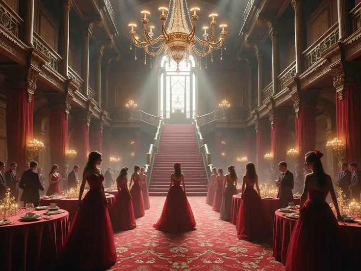 a large medieval fantasy ballroom with tables displayed around the edges and a stairway to entry, it has a dark, yet lively atmosphere and is filled with many esteemed Faye nobles. 