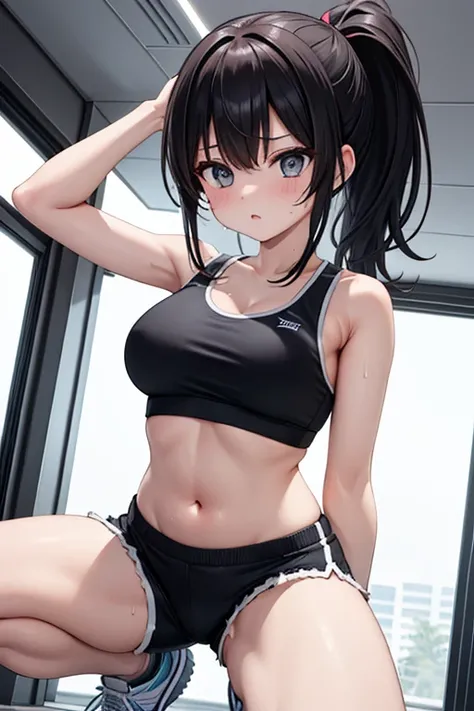  girl 、( above the knee)、( Angle from Below )、 ponytail、(( sports bra))、((sport shorts for women))、 squats peeking out from below、Showing armpits、Belly button、 thighs、 Sweating、