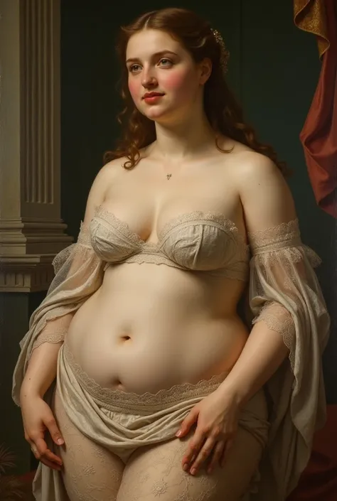 A realistic painting drawn in the style of Raphael, a very beautiful, slightly fat Roman woman dressed in soft lace that covers only half of the body.