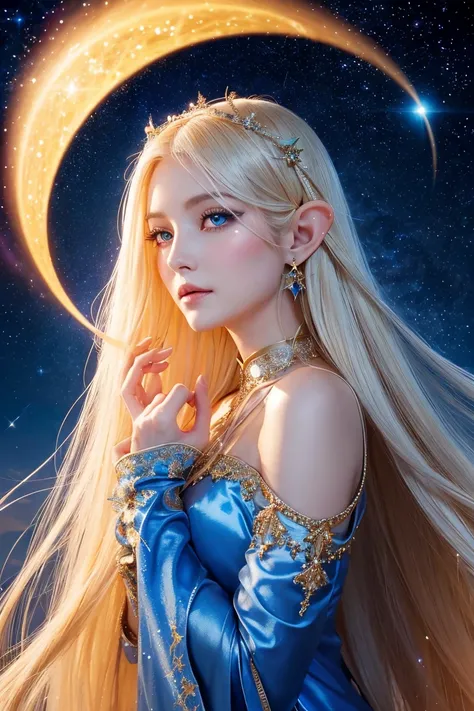 "A celestial elven woman with ultra-long, silky blonde hair cascading to the ground, glowing faintly under the starlight. Her radiant sapphire eyes and delicate features create a divine presence. Face up, starlit sky with constellations visible."