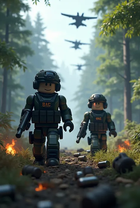 Create 2 bac soldiers in a forest full of bombs and enemies with several enemy jets above them realistic roblox version