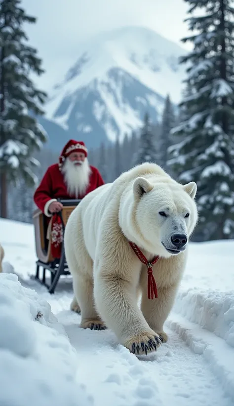 In a magical, snow-covered forest in Norway, four strong white bears pull a sleigh. Sitting on the sleigh is a wise Santa Claus with a long white beard, dressed in traditional red embroidery. As the bears move across the snow-covered ground, they are surro...