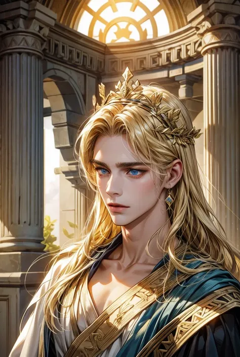 double，man［ high resolution ,  blue eyes,  Blonde Hair,  split body lens, Ancient Greek background 、 Son of Apollo、gentle、man、Handsome、25 years old、accurate、Ancient Greek prince costume 、  Blonde Hair Wearing a Laurel Shaped Crown、］
woman ［Slave Girl 、18 y...