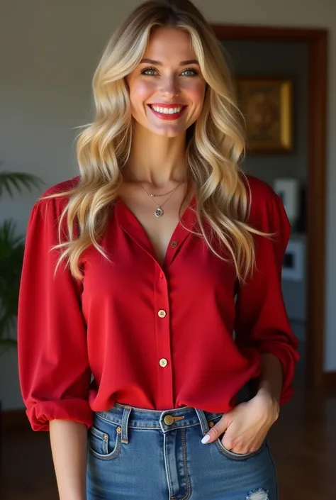 Female model red blouse and jeans pants with blonde hair with a cheerful facial expressionmet art porn