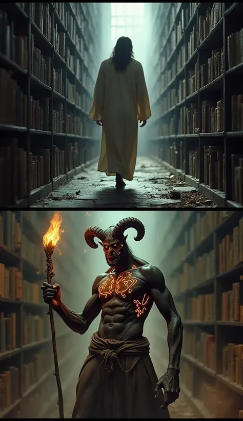 Split Image:
Top: "Jesus walking through a dark library with endless shelves, his light revealing trapped, glowing books."
Bottom: "A humanoid demon with twisted horns and glowing runes etched into its skin, holding a staff shaped like a quill."