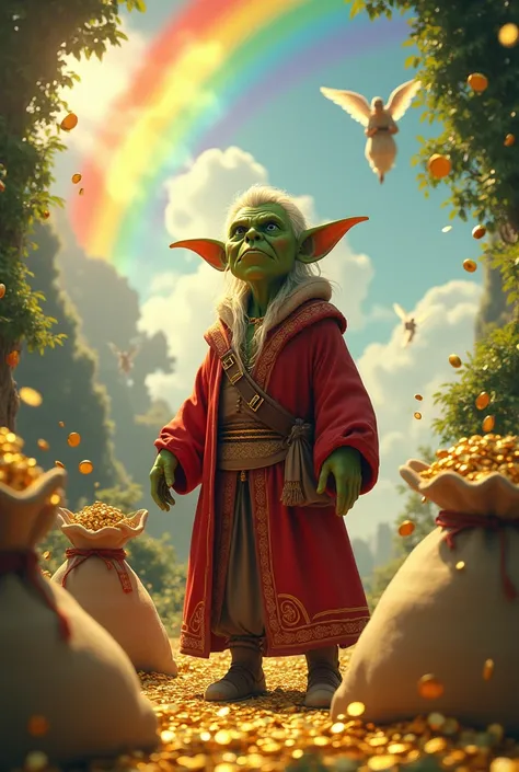 Make me a picture of a green elf with red clothes and sacks of money and a rainbow behind him and it will rain gold coins from the sky and angles flying around the money 