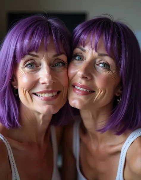    Face of MILFs with blush on their faces making an act of awe with an expression of pleasure, purple hair ,court:Asymmetric Bob ,8K,( HIGH QUALITY), in a room with pc behind 