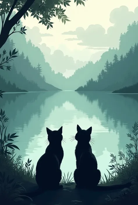 The silhouette of two cats from behind looking upon a lake 