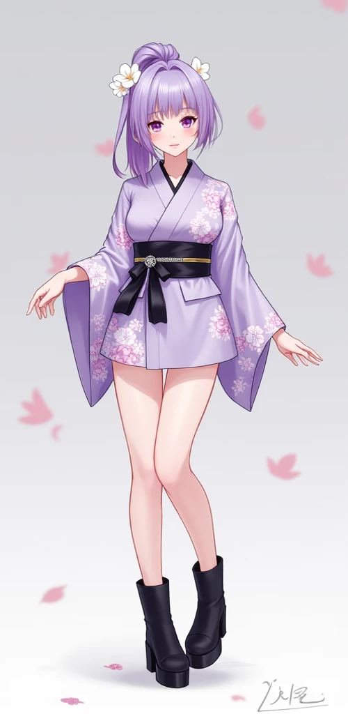 Image is a digital illustration featuring a young woman with a fair complexion and long, lavender hair styled in a high ponytail adorned with white flowers. She is wearing a traditional Japanese kimono with a modern twist, characterized by its short length...