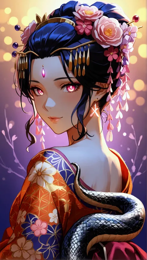 (masterpiece, best quality, high resolution, 8k, 16k, detailed), A captivating and elegant beautiful woman with almond-shaped eyes and delicate lips, wearing a vibrant, richly patterned silk kimono. Her hair is intricately styled with ornate kanzashi hairp...