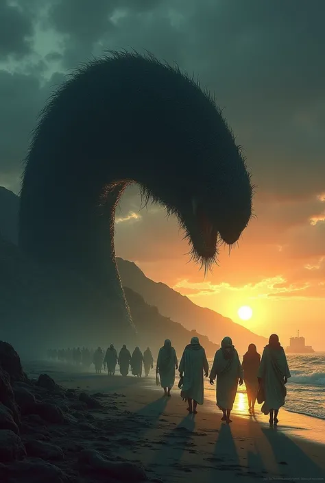  At sunset, A group of Arabs came out of the boat, and reached a dark island beach, finding a big, scary, huge worm that was covered in hair in a cloudy day waiting on the beach 