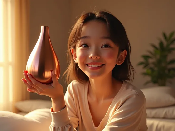 girl happy with a metal drop-shaped perfume