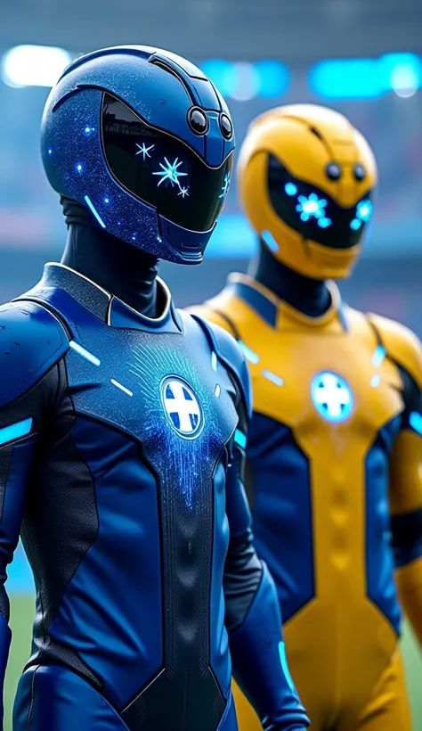 Number of Rangers: 2 (blue, yellow).

Design:

Streamlined armors in deep blue and yellow, with glowing panels and radiating textures.

The Boca Juniors logo pulses with energy at the center of the chest.

Helmets feature star-shaped visors, inspired by th...