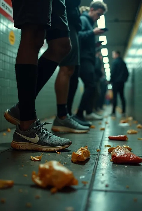 Dans un couloir de métro, des jeunes hommes sportifs en Nike boueuses, regardant leurs smartphones, piétinent un fast-food jeté par terre sous leurs pieds. Les pieds dans le fast-food.