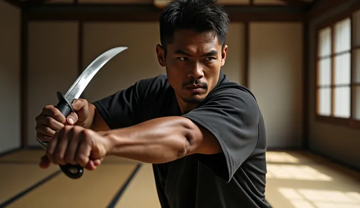 strong man from Myanmar age 25 playing Japan martial art with knife 