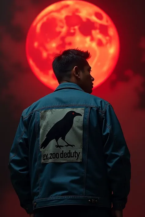 A slightly fat Indonesian man, wearing a jeans jacket with a crow embossed on the back with the words "EX-ZOO DEPUTY", the man looks to the side, the picture was taken from behind, with a scary red full moon background, smooth lighting, realistic, 8k