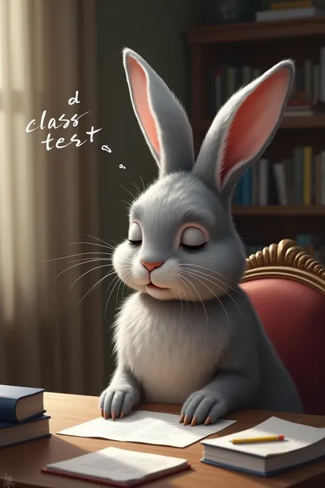 A  grey hare sitting on chair studying while asleep with the title written on picture A Class Test