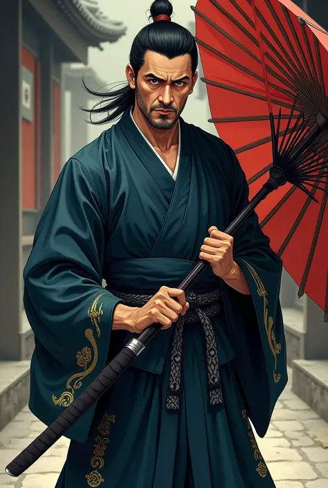 Manga characters,  middle aged man ,  of long, tied black hair, Looking cold , and strict expression ,  wearing a dark blue kimono with gold details, and holding a sword, and in the other hand holding an umbrella 