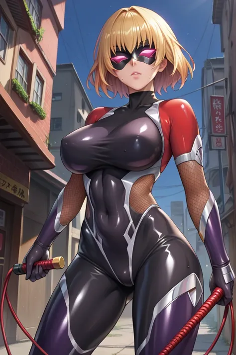  interruption source _Anime, viewers sweat a lot, 1 girl, bangs, underbust,  THIG-LENGTH SOCKS,large breasts, (taimanin suit), (two breast), , dark alleyナイトシティ,  taimanin suit, body suit, beautiful detailed eyes, ガニ股, latex, leotard, SM：mask, whip, black b...