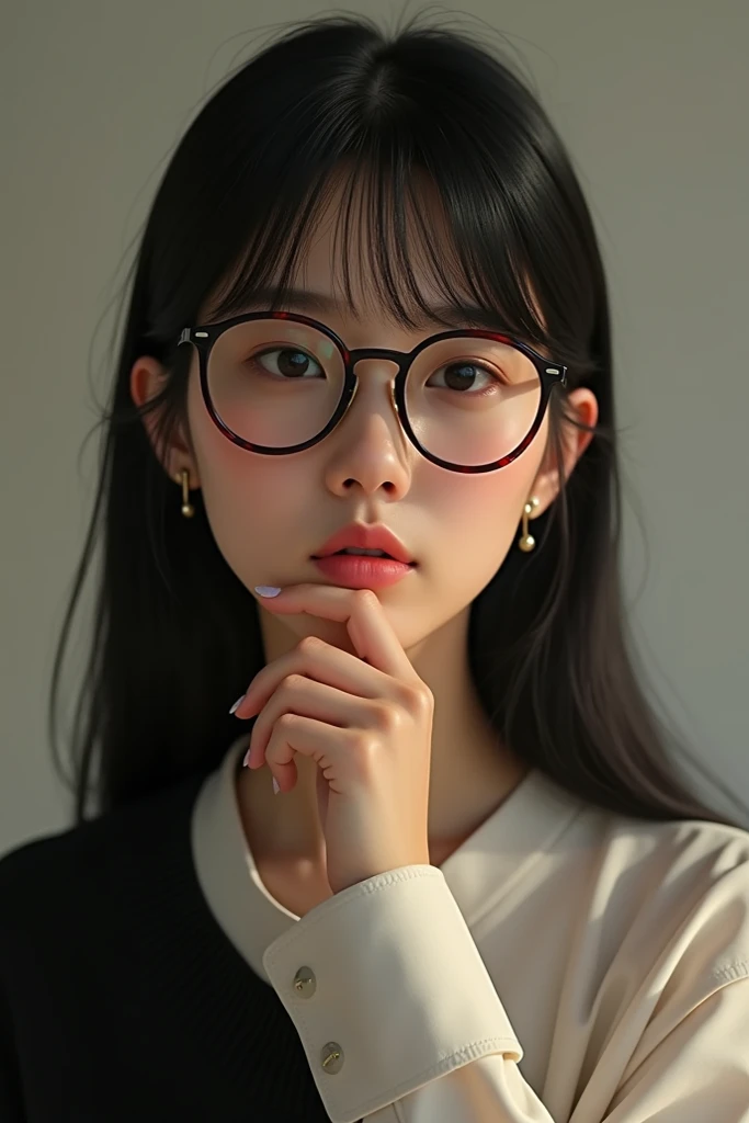 Make me an image of a woman with glasses and straight black hair