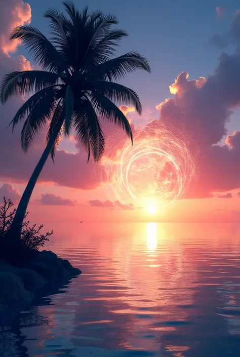 Evening scene of ocean, sun setting at the distance, image in the ocean behind the palm tree. Magical sky 