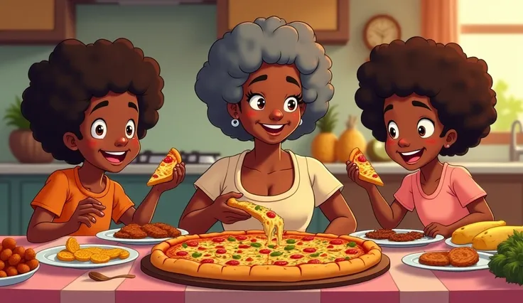 A cartoon of grandma sharing some fried plantains with three Caribbean  ren with Afro hair, sitting at the table in her cozy Caribbean kitchen. The table is filled with delicious food, but in the center is a large, freshly baked pizza, with golden crust an...