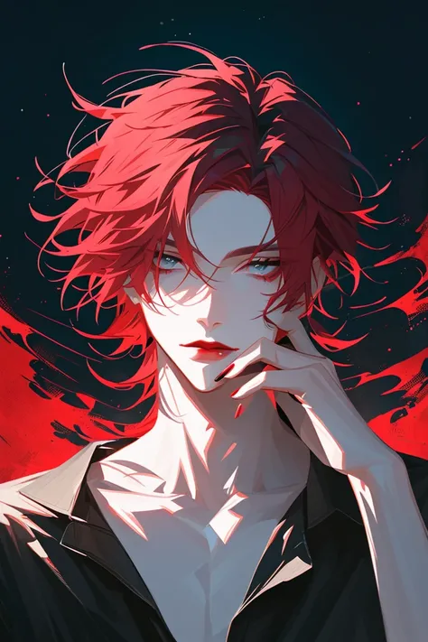 impasto, cool manga style, high quality, extremely detailed, extremely delicate line, amazing color, masterpiece, 1 man, young, pale skin, red hair, lots of black bobby pins, nail art, Gyaruo, handsome, guyliner, perfect background, pixiv art