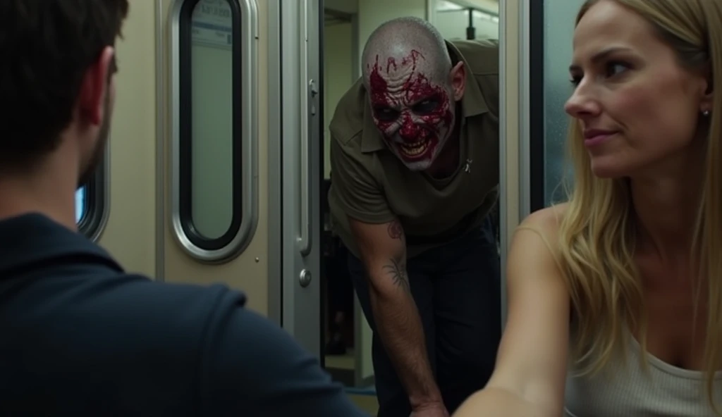 5.	Zombies at the Door
The door to a train compartment slams open to reveal a grotesque zombie, its blood-streaked face twisted into an unnatural snarl. In the foreground, a woman’s hand clutches her partner’s arm, both of them wide-eyed in shock.
