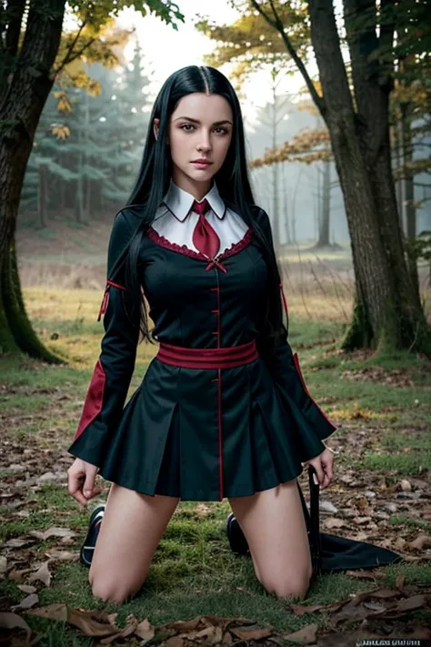 9 old girl vampire *****, blue eyes and long black hair down to the waist,  uniform black and red , master part,  Better quality, short skirt, blonde with green eyes, kneeling, master part,  divine quality , highly detailed, fantasy scenery, Highly realist...