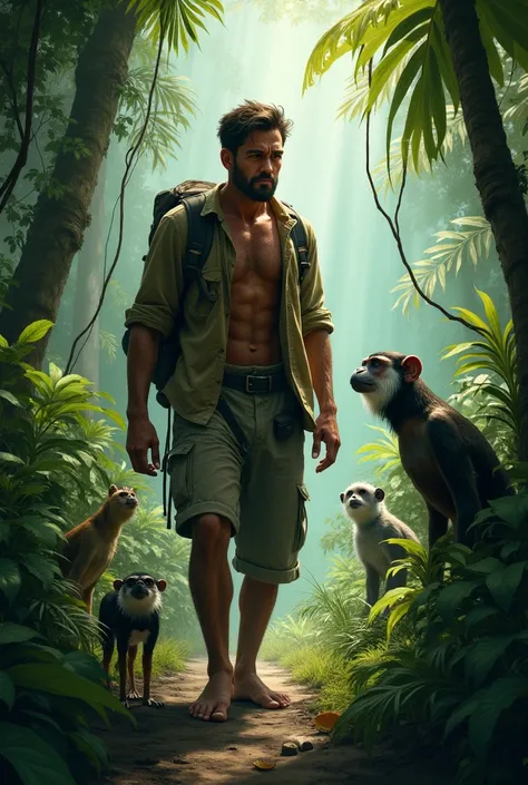 a worries man in the jungle with animal