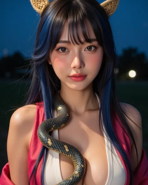 Low angle portrait shot of beautiful so sexy Japanese woman, horseback riding, honey tan skin, wave gold pink, blue spreading hair, small breasts, very loose deep Mongolian costume, a snake with its body made of 24k dark gold and intricate. The snake is co...