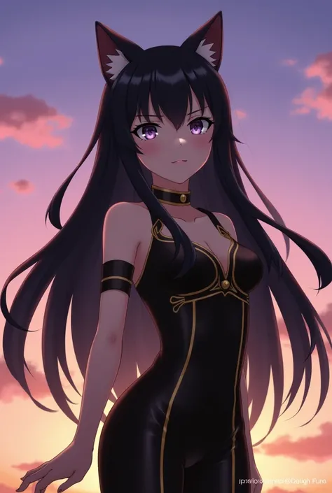 The anime-style character has long black hair, with ears that resemble those of a cat .  She is wearing a tight black and gold outfit .  The background shows a sunset sky with shades of purple and pink.