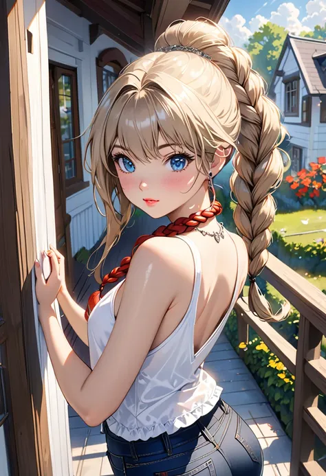 ((ultra quality)), ((tmasterpiece)), gnome girl, Short stature, ((blonde woman, hairlong, braided)), (silver ear rings), (silver necklace around the neck), (Beautiful cute face), (beautiful female lips), Charming, ((sexy facial expression)), is looking at ...