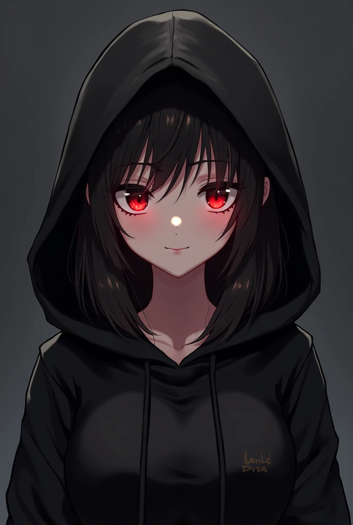 Elegant anime girl with black medium hair red eyes in black hoodie 