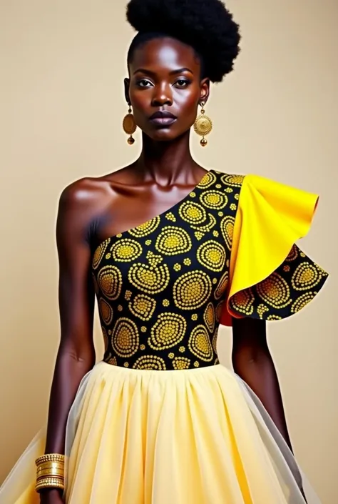 Design an elegant and vibrant traditional African dress inspired by modern Senegalese fashion. The top should feature an asymmetric one-shoulder design with structured ruffle details on the sleeve for a dramatic yet refined effect. Use a patterned fabric i...