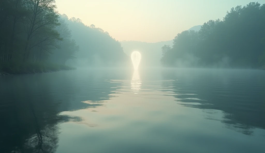 A calm lake at dawn with faint ripples on the surface, as if something large had just submerged, leaving behind a faint aura of light.