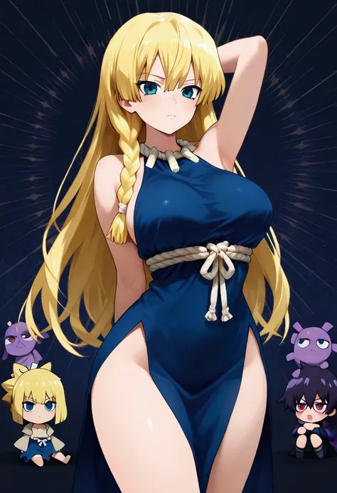 Score_9, Score_8_up, Score_7_up, Score_6_up, Score_5_up, Score_4_up, Source_anime, Tag1, Tag2, Quality_masterpiece, Anatomically correct, face, Perfect face, Highly detailed face and eyes, Long hair Blonde, Blue Eyes, Blue dress, Belt from rope, White thic...