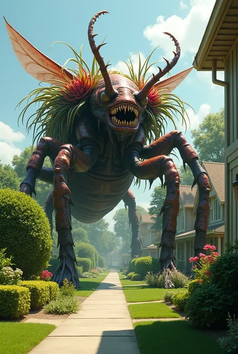 A horrific 3-meter mutant insect with carnivorous plants on it that eats a  in a garden in an American neighborhood 