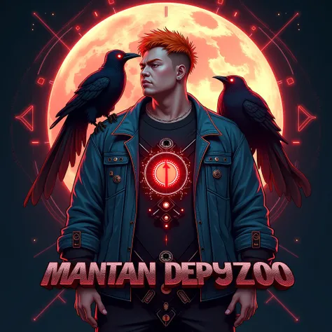 A futuristic design featuring a slightly overweight Indonesian man with short orange hair, wearing a denim jacket with a red-eyed raven emblem, glowing on the back. The raven emblem is surrounded by an Uchiha eye pattern that radiates red energy and light....