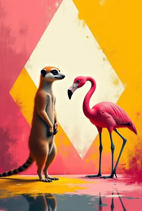 Meerkat and pink flamingo with yellow and pink dominants with a Kandinsky style 