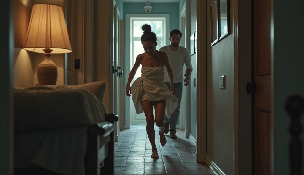 The Escape to Safety: The protagonist, wrapped in a towel, rushing into her parents’ room in panic as her father hears footsteps running away, confirming the danger outside.