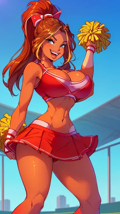  (((1girl, solo, alone, fullbody, looking at viewer, smile,)))
((( cheerleading, holding pom poms, red cheerleader outfit, midriff, microskirt, cleavage, sports field, blue sky, smile, open mouth, body upclose, standing  ))),

sexy pose, dynamic pose, dyna...