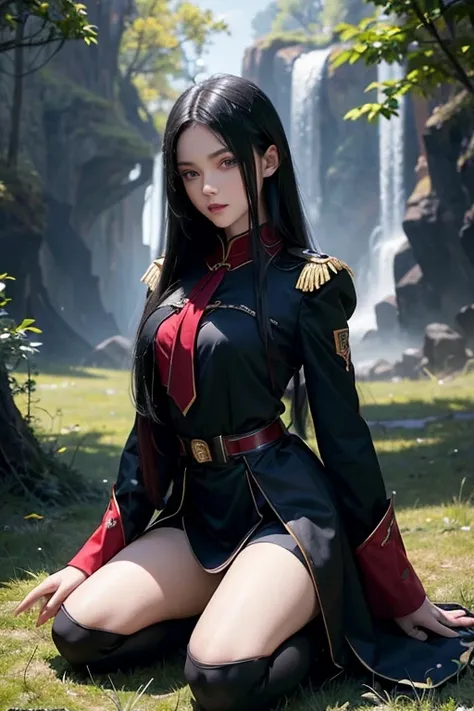 Young girl vampire *****, blue eyes and long black hair down to the waist,  uniform black and red , master part,  Better quality, short skirt, blonde with green eyes, kneeling, master part,  divine quality , highly detailed, fantasy scenery, Highly realist...