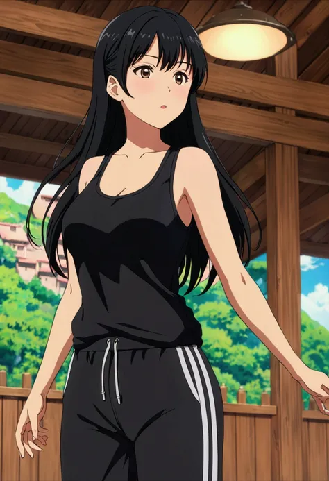 girl, adult, tanktop, breast,anime screencap, anime style, anime coloring, long black track pants with 3 strip, perfect stripped, ((4k,8k,Ultra HD)),((Masterpiece :1.2)),((Best quality :1.2)),((Detailed :1.5)),((Detailed background :1.5))