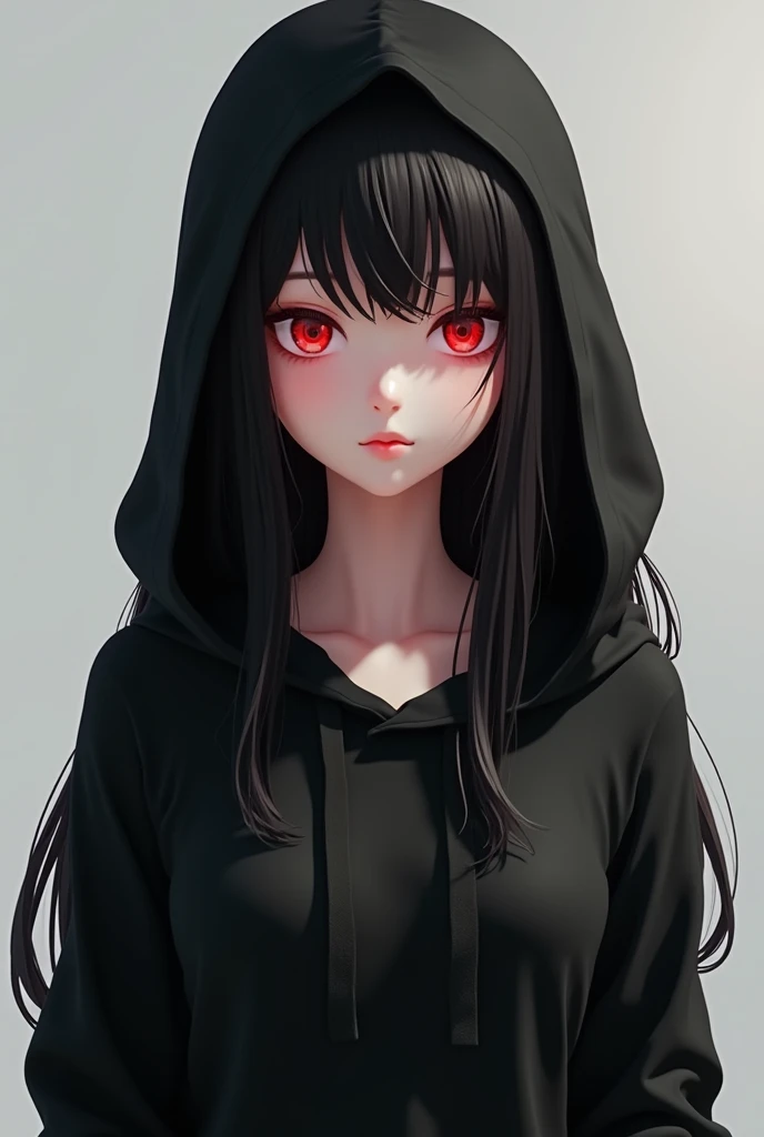 Elegant real looking 3D anime girl with black hair red eyes in black hoodie Korean looking
Not smiling looking forward