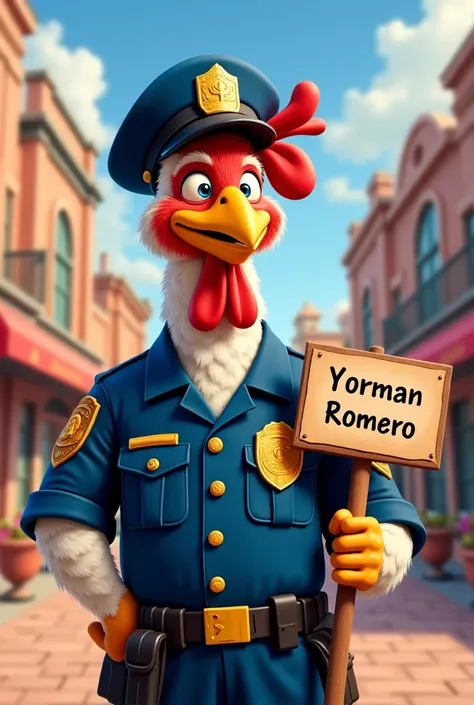 A Disney-style drawing of an old chicken dressed as a cop and the sign reads “Yorman Romero”