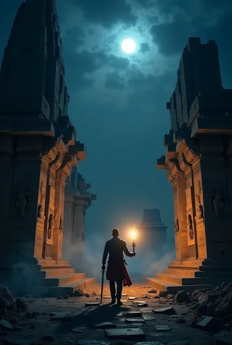 Use bright colour and create highly detailed, ultra-HD, cinematic scene set 
"Veer walking fearlessly towards the abandoned temple at night, holding a torch in one hand and his sword in the other. The temple, made of ancient sandstone, is partially in ruin...