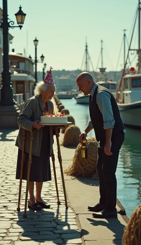 "A realistic cinematic close-up showing a bald elderly woman hobbling on crutches with only one leg, wearing a birthday hat, holding a giant birthday cake in her hand. She looks extremely fragile, with a frail appearance, distressed and scared, and wearing...